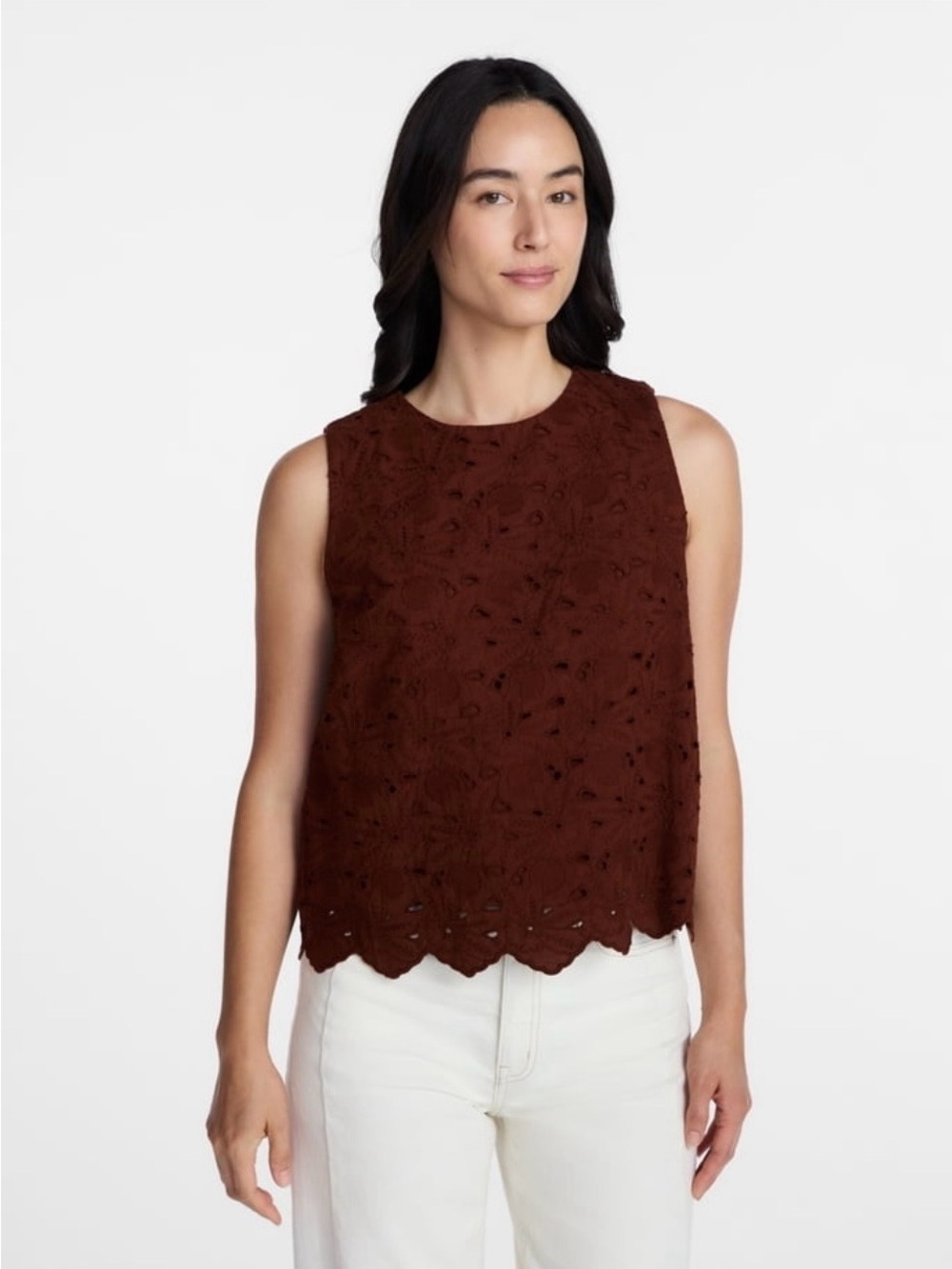 Sleeveless Scallop-Hem Lace Top - Brown